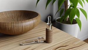 beauty dropper on table with plant and bamboo bowl