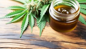 thick brown cannabis oil in a glass jar with cannabis leaves in the background